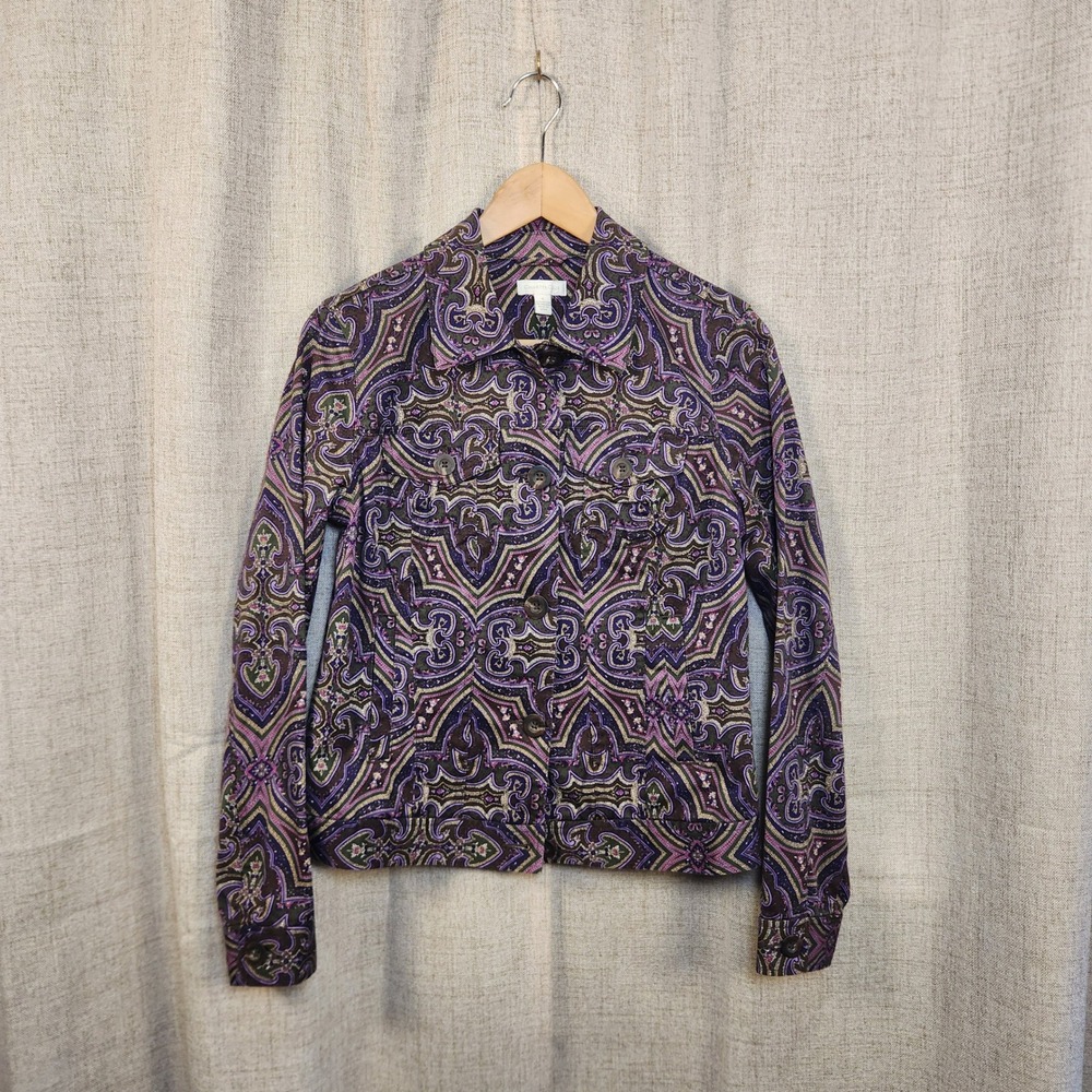 Charter Club Denim Paisley Jacket Women's‎ S Purple Adjustable Button Up Cotton